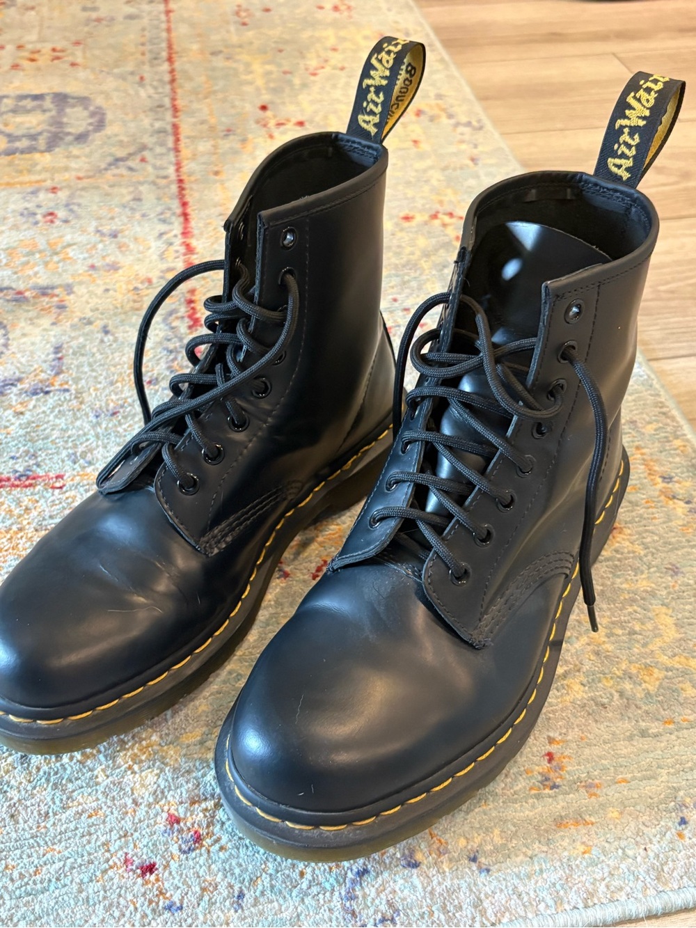 Doc Martens Black Leather Lace-Up Boots with Yellow Stitching - Picture 2 of 7